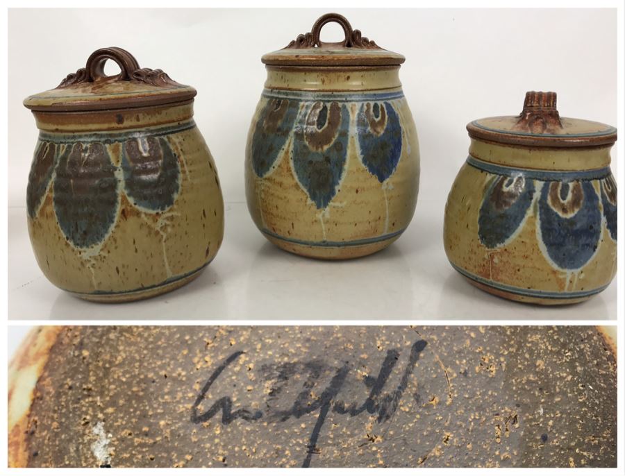 Set Of (3) Signed Pottery Lidded Jars 9.5H [Photo 14]
