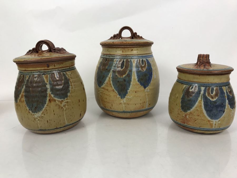 Set Of (3) Signed Pottery Lidded Jars 9.5H [Photo 2]