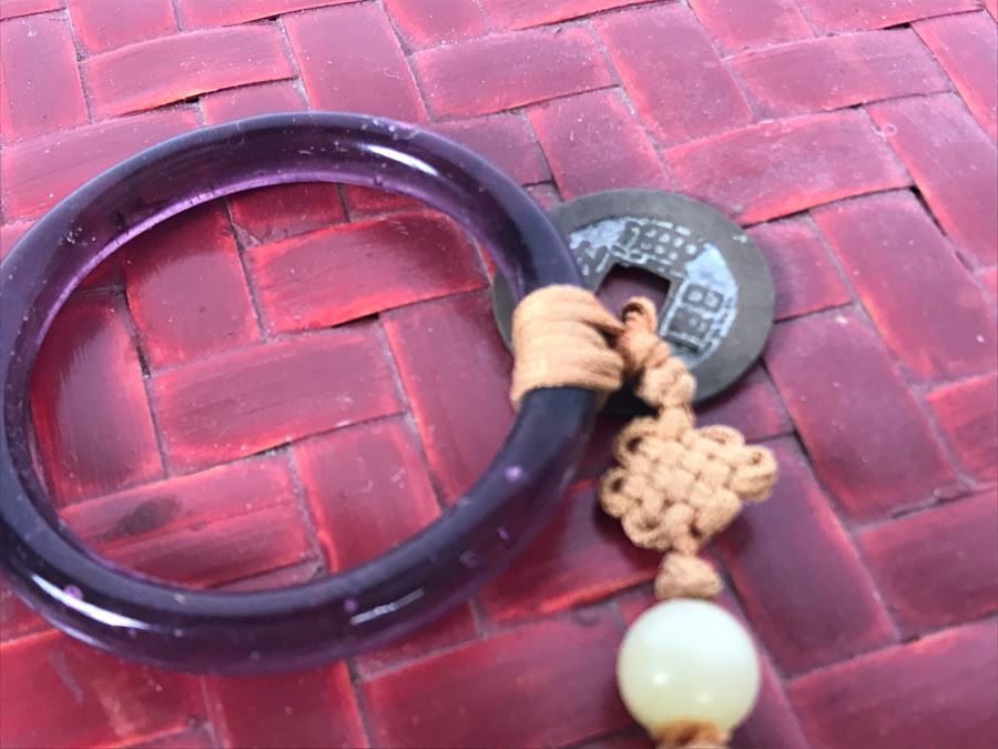 Vintage Chinese Red Woven Wicker Bamboo Sewing Basket With Carved Jade Pendant And Chinese Coin On Top Of Lid 12R X 5.5H [Photo 6]