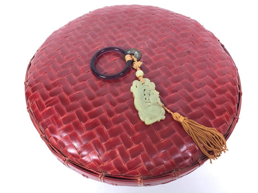 Vintage Chinese Red Woven Wicker Bamboo Sewing Basket With Carved Jade Pendant And Chinese Coin On Top Of Lid 12R X 5.5H [Photo 3]