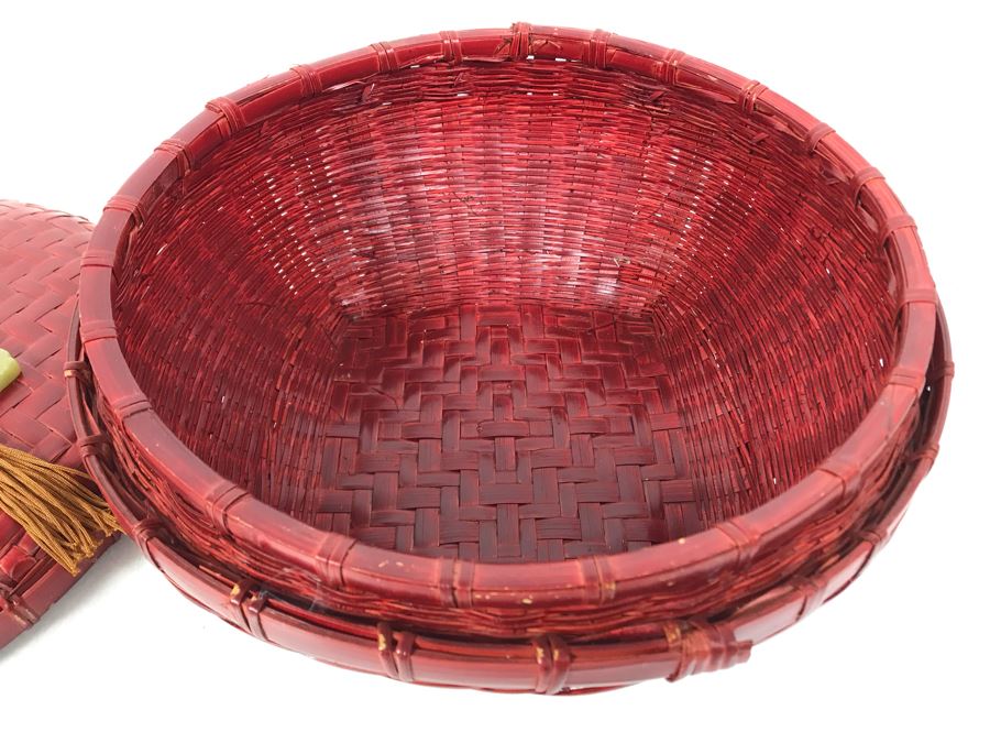 Vintage Chinese Red Woven Wicker Bamboo Sewing Basket With Carved Jade Pendant And Chinese Coin On Top Of Lid 12R X 5.5H [Photo 10]