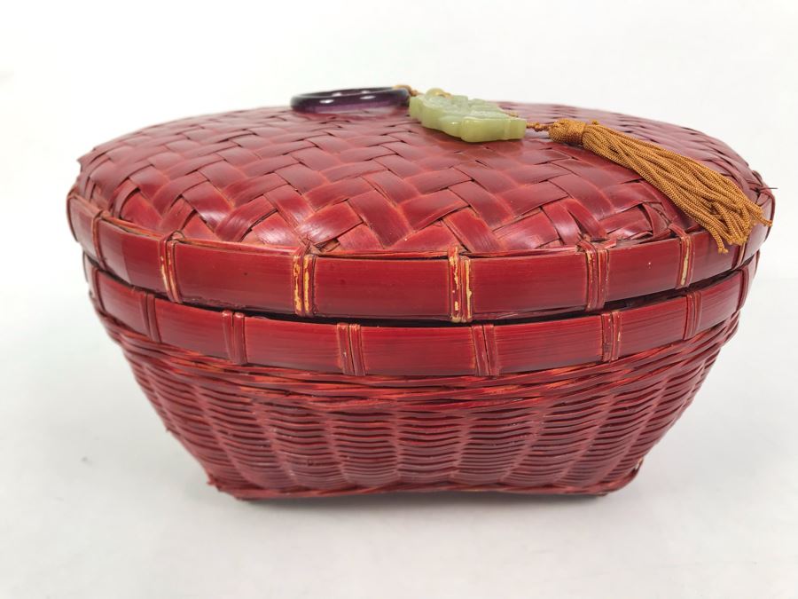 Vintage Chinese Red Woven Wicker Bamboo Sewing Basket With Carved Jade