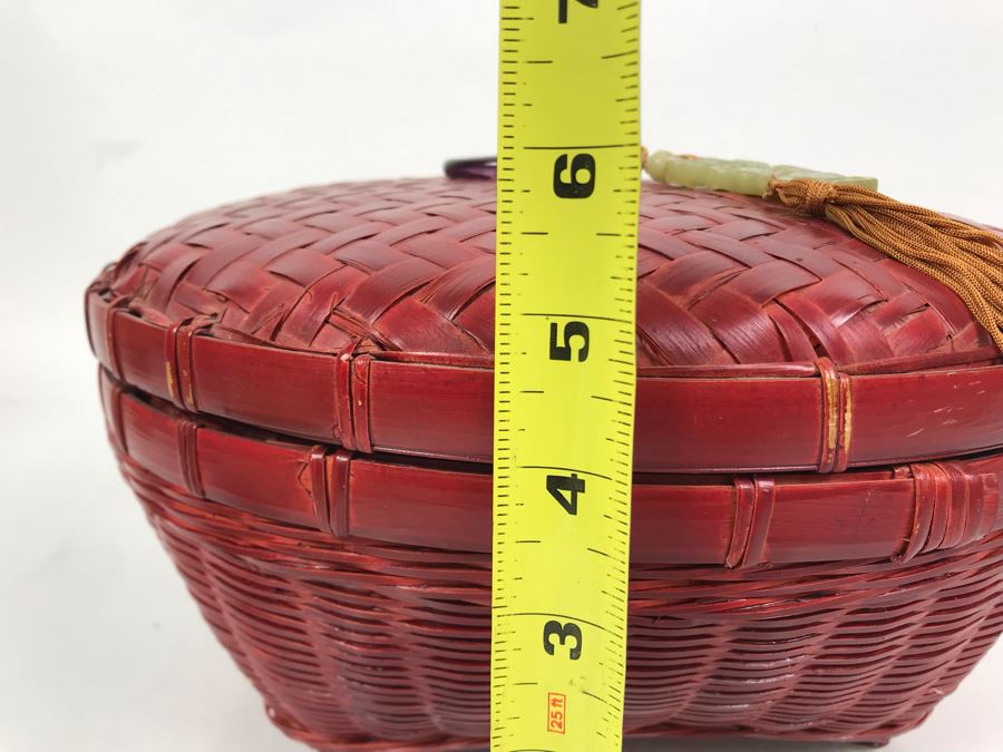 Vintage Chinese Red Woven Wicker Bamboo Sewing Basket With Carved Jade