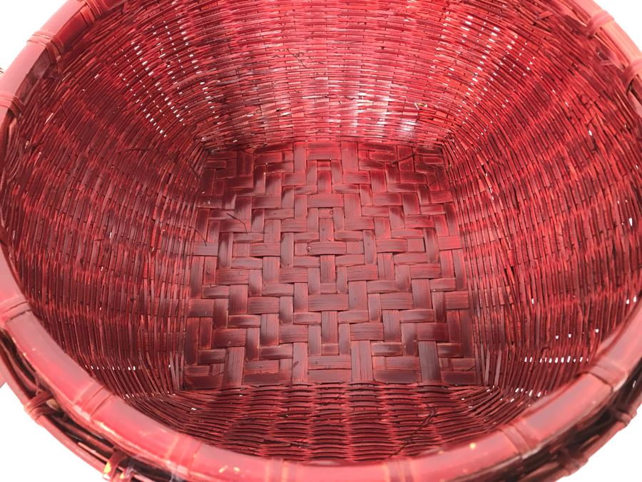 Vintage Chinese Red Woven Wicker Bamboo Sewing Basket With Carved Jade