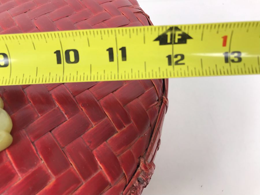 Vintage Chinese Red Woven Wicker Bamboo Sewing Basket With Carved Jade Pendant And Chinese Coin On Top Of Lid 12R X 5.5H [Photo 13]