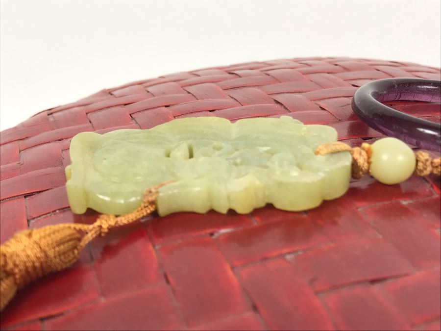 Vintage Chinese Red Woven Wicker Bamboo Sewing Basket With Carved Jade Pendant And Chinese Coin On Top Of Lid 12R X 5.5H [Photo 7]