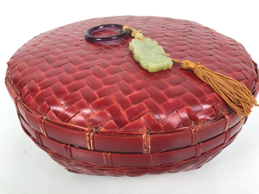 Vintage Chinese Red Woven Wicker Bamboo Sewing Basket With Carved Jade Pendant And Chinese Coin On Top Of Lid 12R X 5.5H
