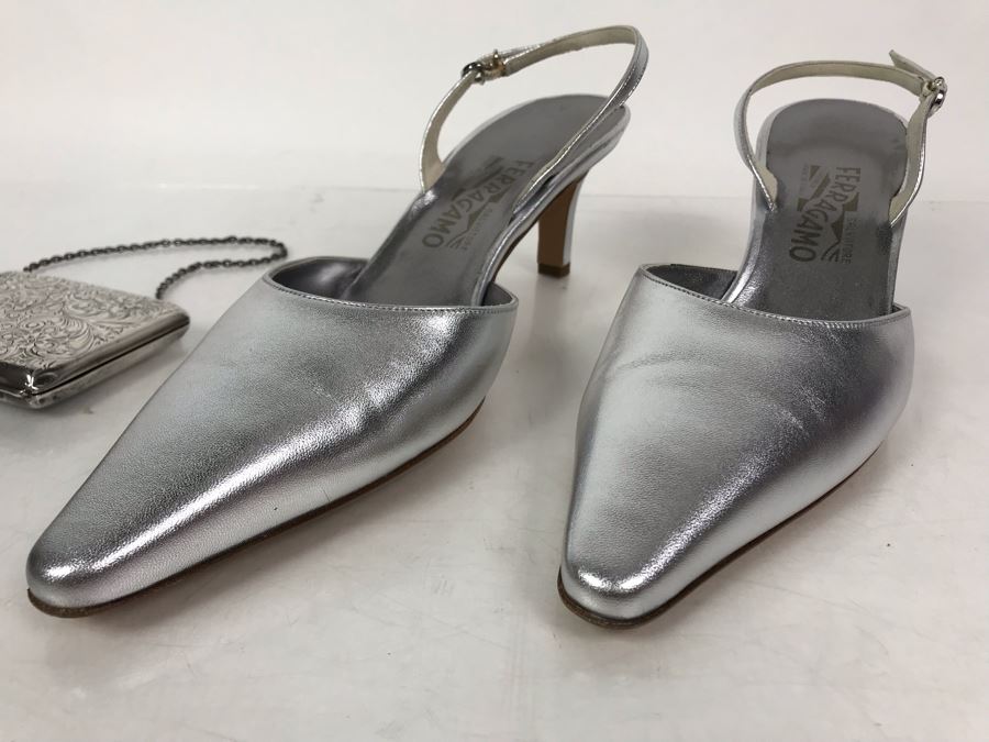 Women's Salvatore Ferragamo Italian Silver High-Heel Shoes [Photo 5]