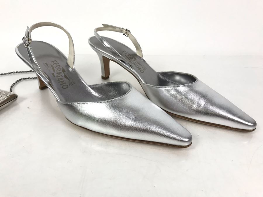 Women's Salvatore Ferragamo Italian Silver High-Heel Shoes [Photo 3]