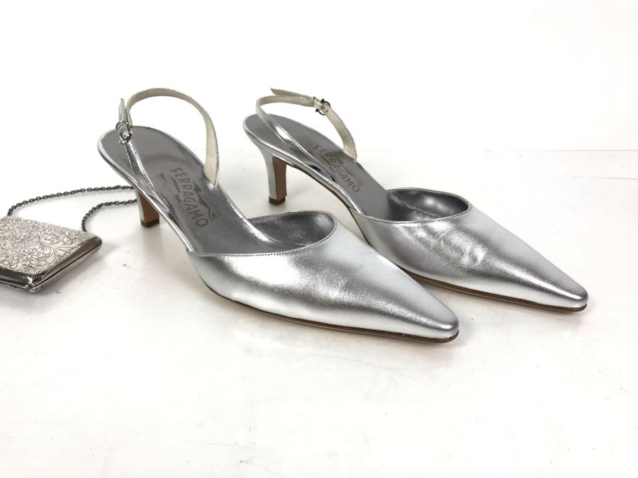 Women's Salvatore Ferragamo Italian Silver High-Heel Shoes [Photo 1]