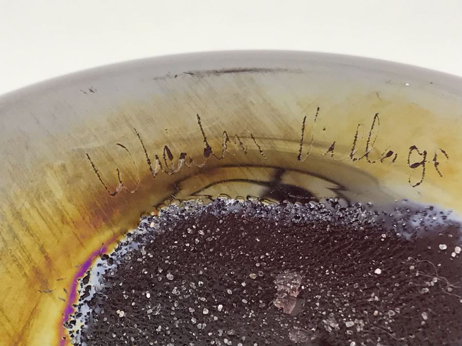 Vintage 1980 Signed Wheaton Village D.F. Hand Blown Iridescent Glass Vase Millville New Jersey 8.5H [Photo 4]