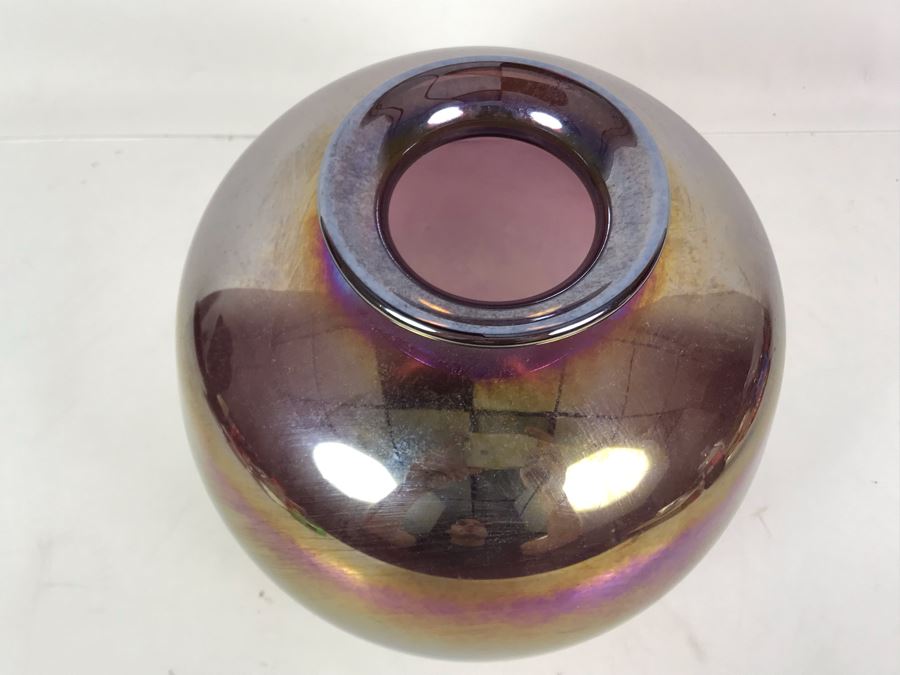 Vintage 1980 Signed Wheaton Village D.F. Hand Blown Iridescent Glass Vase Millville New Jersey 8.5H [Photo 2]