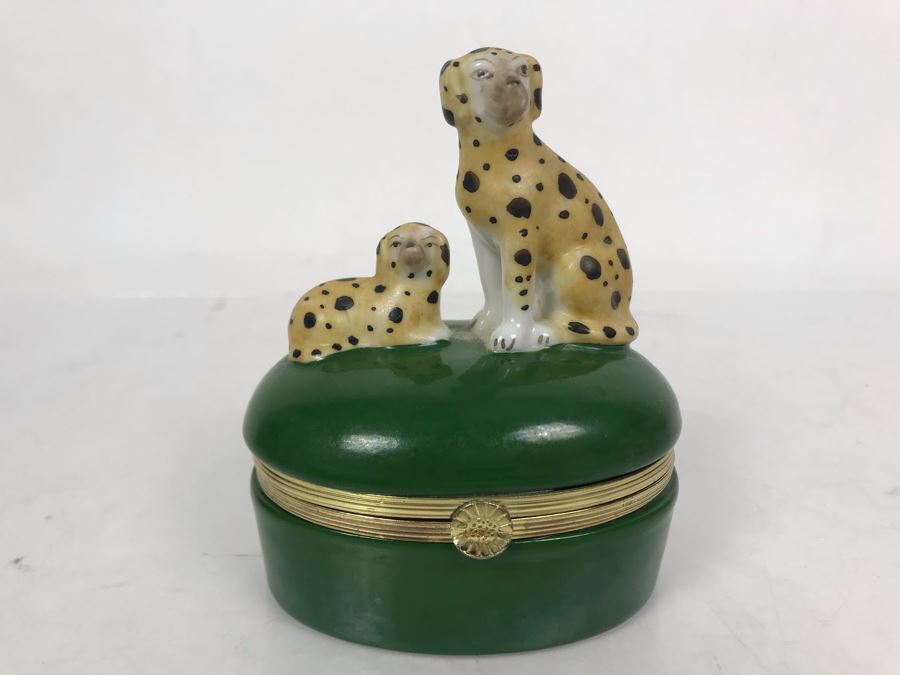 Vintage 1985 Fitz And Floyd Hand Painted Porcelain Box With Dogs On Lid
