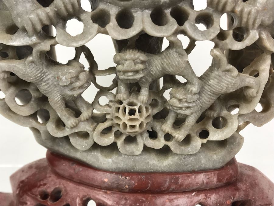 Vintage Chinese Hand Carved Soapstone Incense Burner With Foo Dogs 11W X 4D X 11.5H [Photo 5]