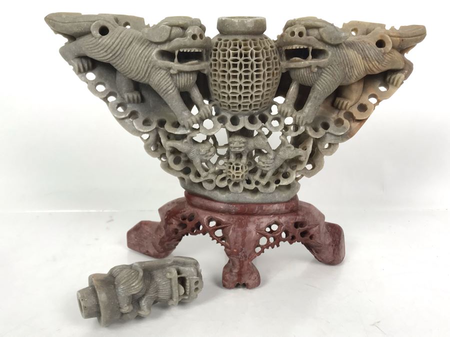 Vintage Chinese Hand Carved Soapstone Incense Burner With Foo Dogs 11W X 4D X 11.5H [Photo 8]