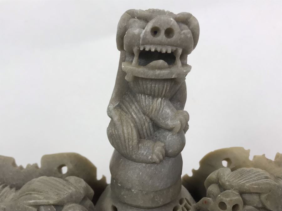Vintage Chinese Hand Carved Soapstone Incense Burner With Foo Dogs 11W X 4D X 11.5H [Photo 7]