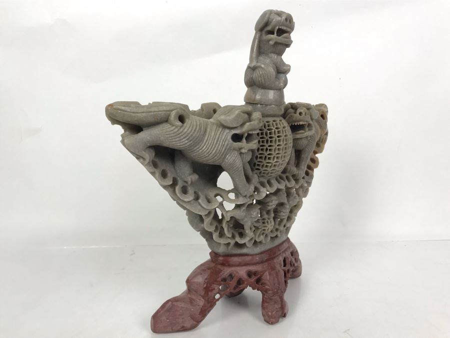 Vintage Chinese Hand Carved Soapstone Incense Burner With Foo Dogs 11W X 4D X 11.5H [Photo 12]