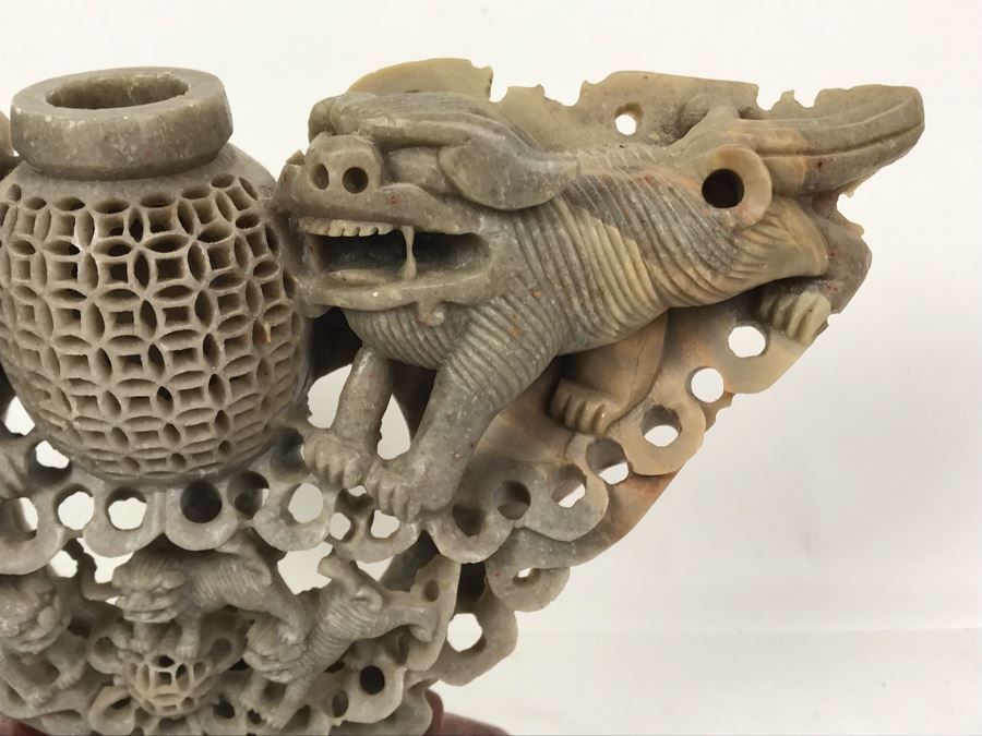 Vintage Chinese Hand Carved Soapstone Incense Burner With Foo Dogs 11W X 4D X 11.5H [Photo 11]