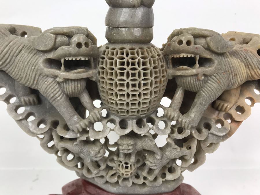 Vintage Chinese Hand Carved Soapstone Incense Burner With Foo Dogs 11W X 4D X 11.5H [Photo 4]