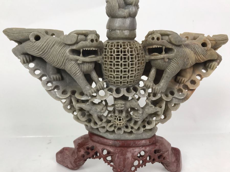 Vintage Chinese Hand Carved Soapstone Incense Burner With Foo Dogs 11W X 4D X 11.5H [Photo 3]