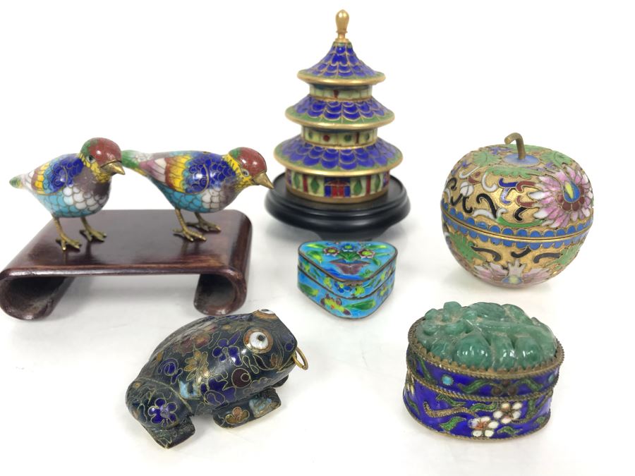Collection Of Various Chinese And Japanese Cloisonne Figurines And Boxes With Wooden Stand