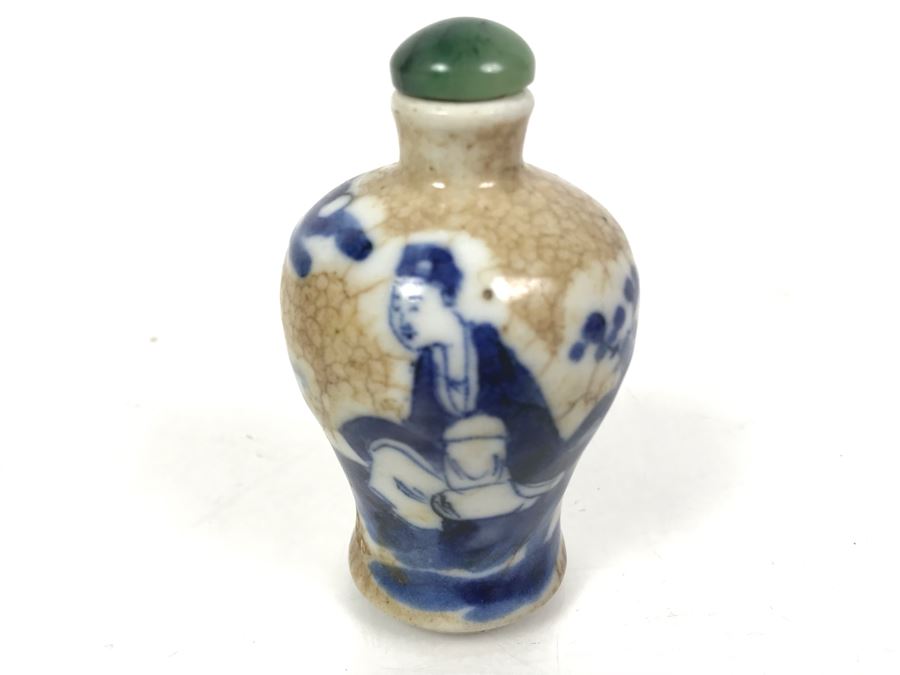 Vintage Chinese Porcelain Snuff Bottle With Jade Top 3H