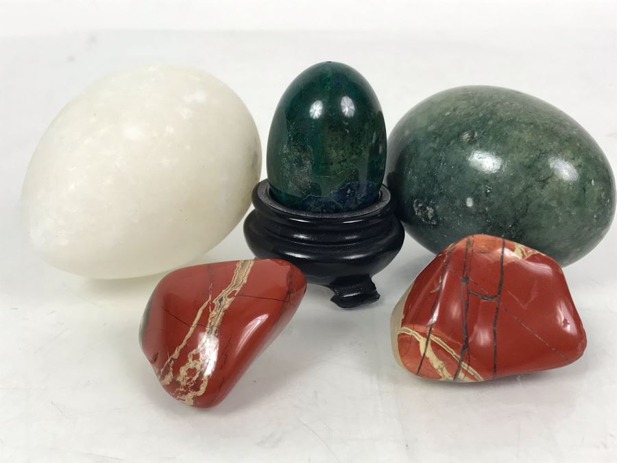 (3) Carved Stone Eggs And (2) Polished Stones