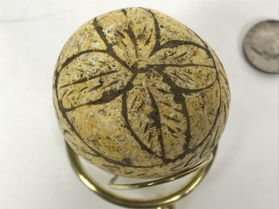 Old Carved Stone Egg With Flower Pattern On Ends And Writing On Sides 2.5L With Brass Stand [Photo 9]