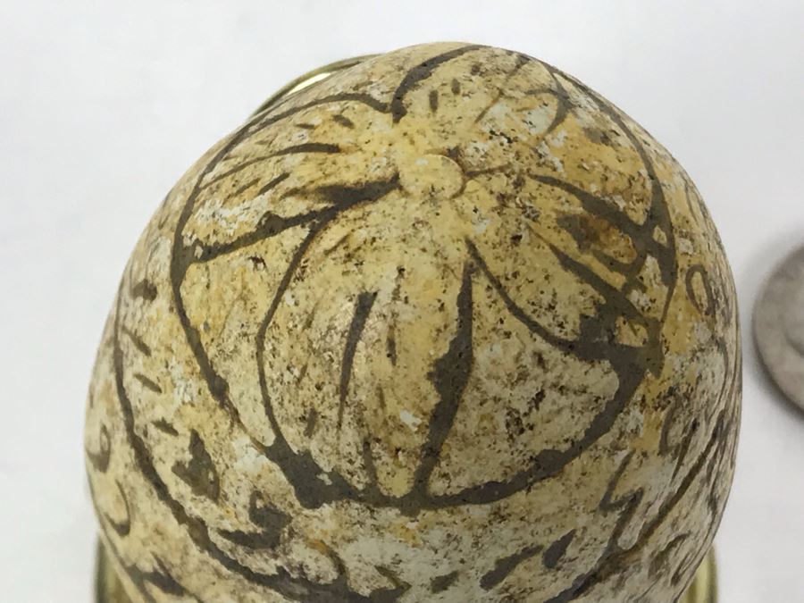 Old Carved Stone Egg With Flower Pattern On Ends And Writing On Sides 2.5L With Brass Stand [Photo 8]