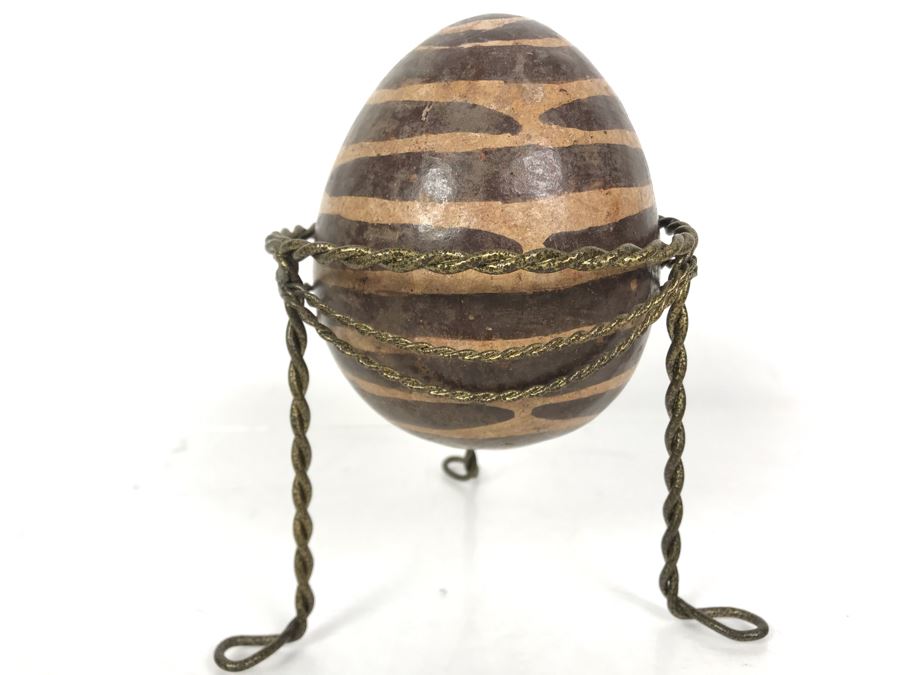 Painted Pottery Egg With Metal Stand 5.5L X 5W