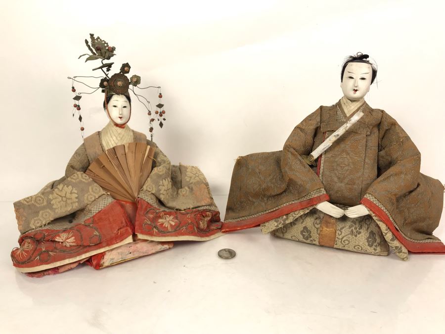 Pair Of Old Japanese Dolls 9.5H [Photo 1]