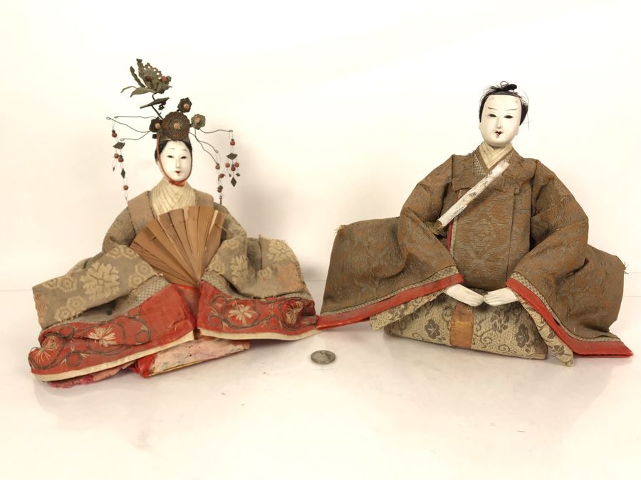 Pair Of Old Japanese Dolls 9.5H [Photo 2]