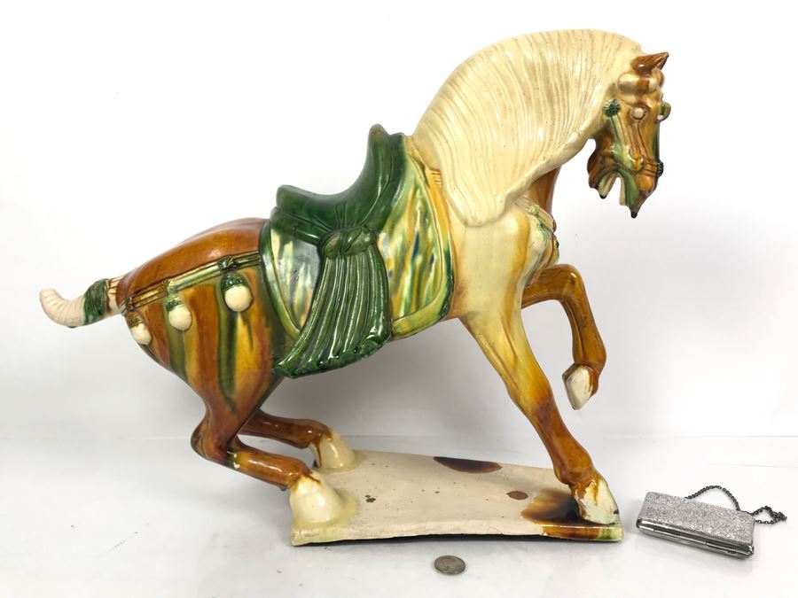 Vintage Majolica Pottery Horse Sculpture 22W X 10D X 16.5H 