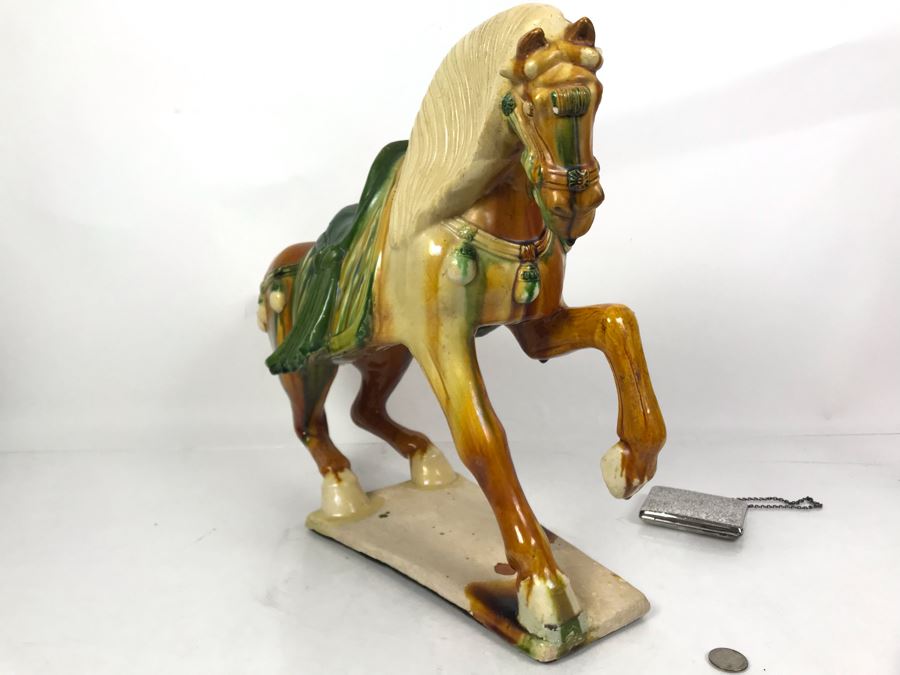 Vintage Majolica Pottery Horse Sculpture 22W X 10D X 16.5H  [Photo 8]