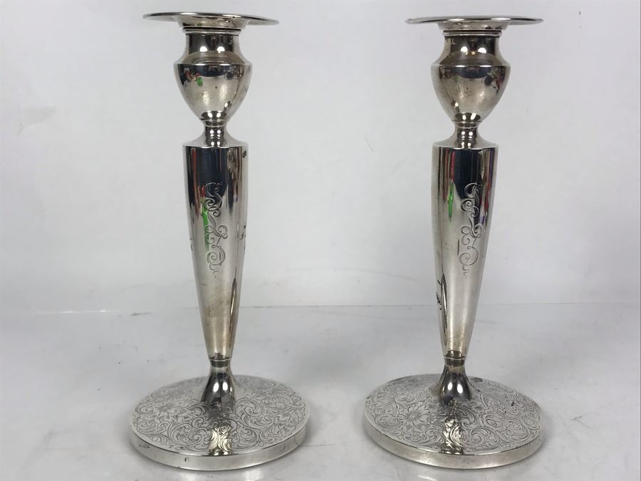 Pair Of Sterling Silver Candlesticks Candle Holders 9H 780g Total Sterling Silver Weight [Photo 2]