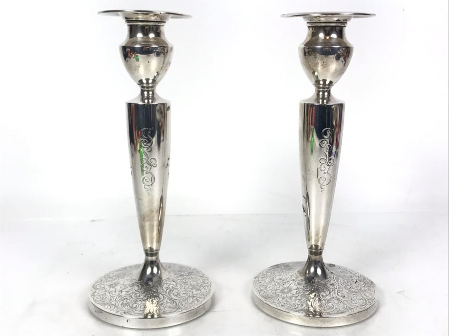 Pair Of Sterling Silver Candlesticks Candle Holders 9H 780g Total Sterling Silver Weight