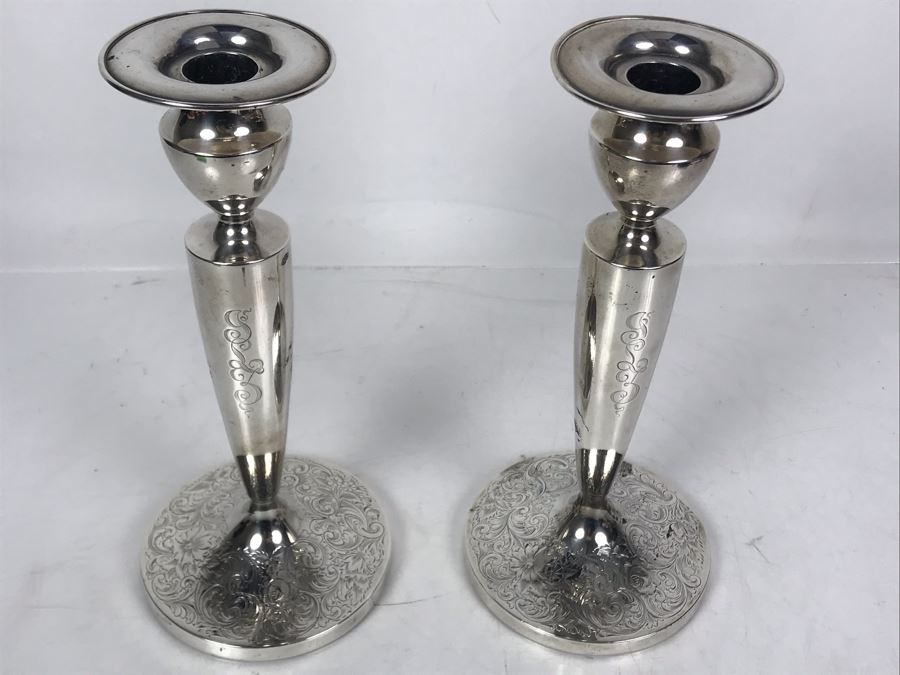 Pair Of Sterling Silver Candlesticks Candle Holders 9H 780g Total Sterling Silver Weight [Photo 8]