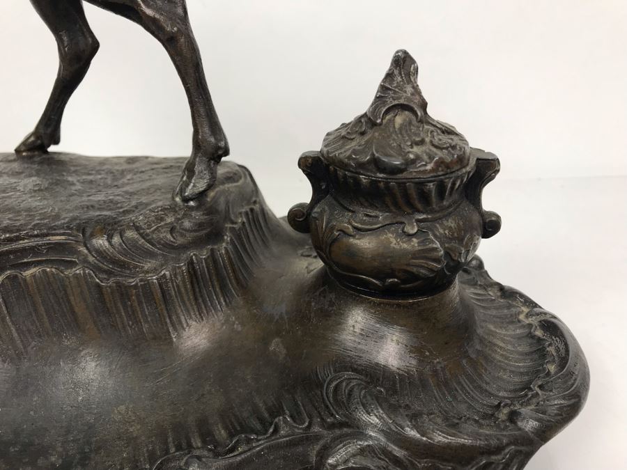 Large Antique French Inkwell Desk Set With Buck Deer Stag Signed A. Bossu [Photo 8]