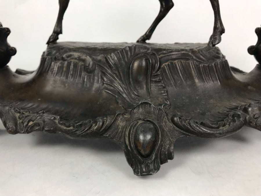 Large Antique French Inkwell Desk Set With Buck Deer Stag Signed A. Bossu [Photo 6]