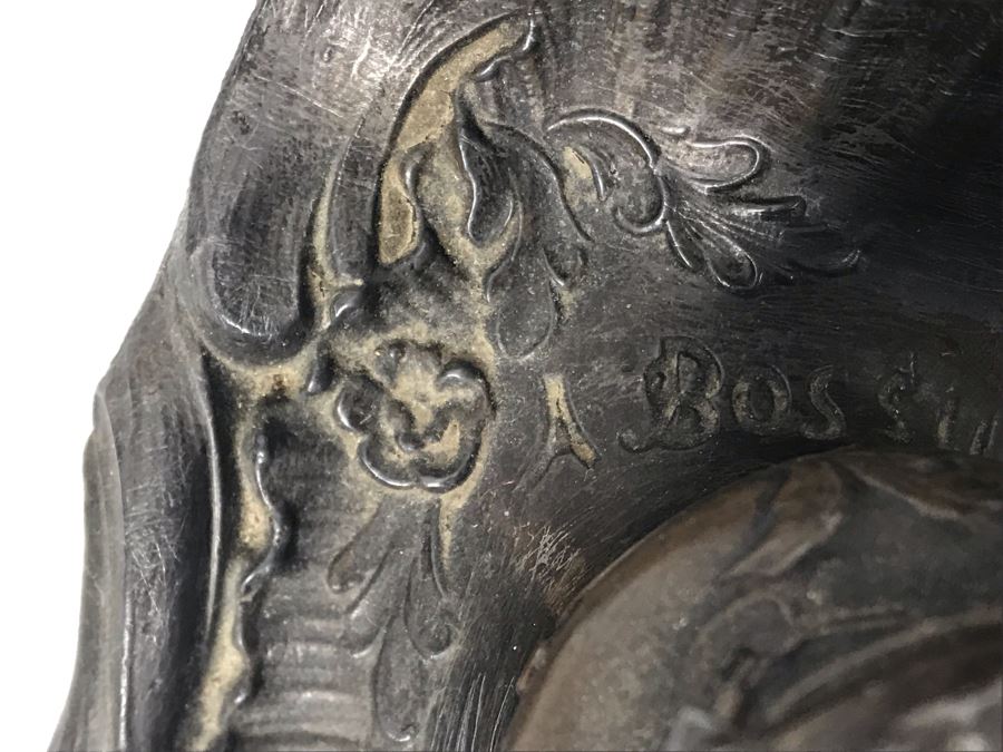 Large Antique French Inkwell Desk Set With Buck Deer Stag Signed A. Bossu [Photo 12]