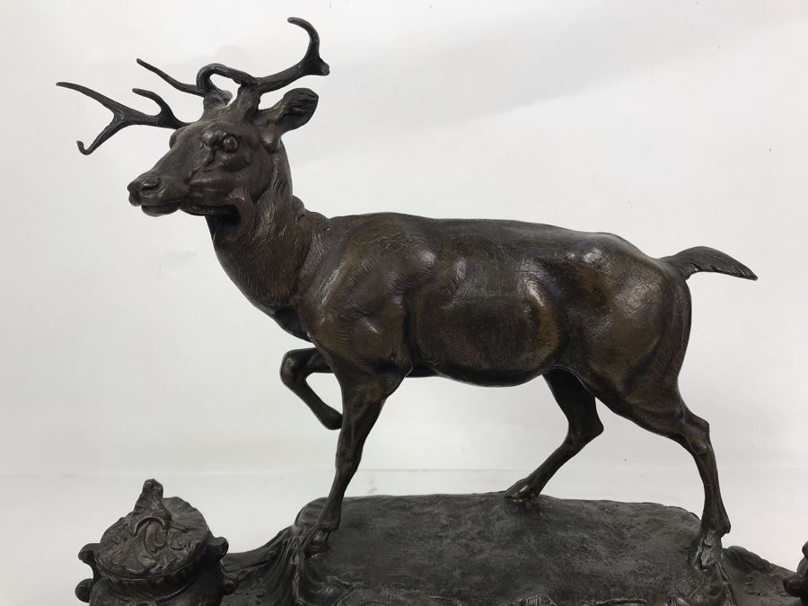 Large Antique French Inkwell Desk Set With Buck Deer Stag Signed A. Bossu [Photo 4]