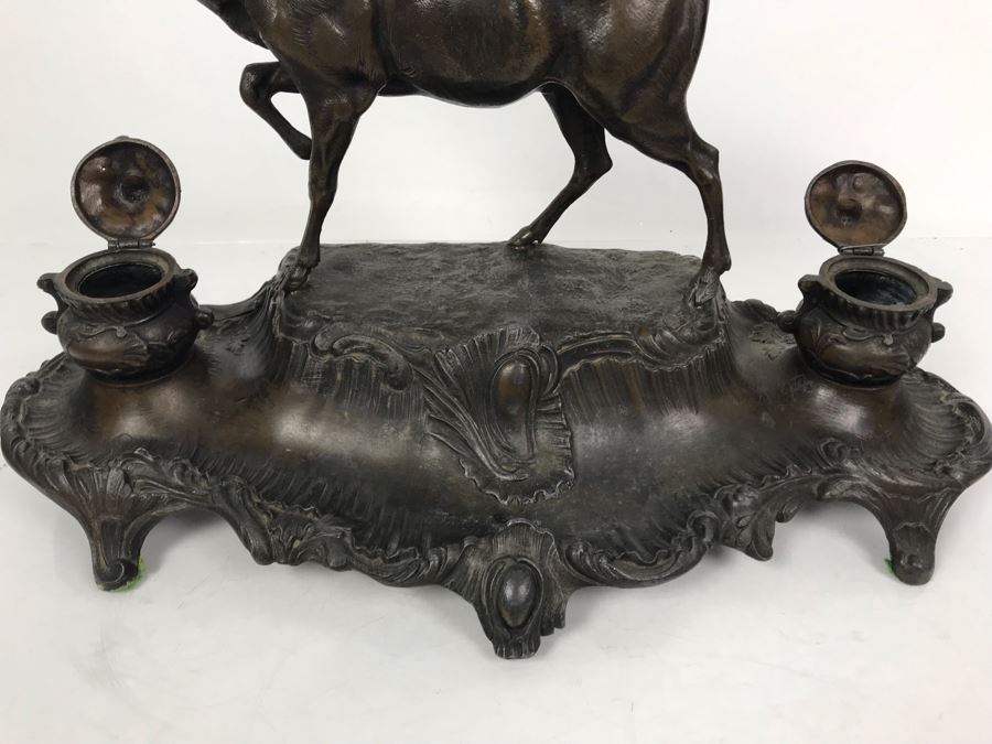 Large Antique French Inkwell Desk Set With Buck Deer Stag Signed A. Bossu [Photo 9]