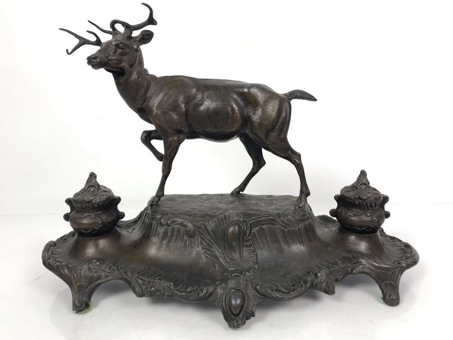 Large Antique French Inkwell Desk Set With Buck Deer Stag Signed A. Bossu [Photo 1]
