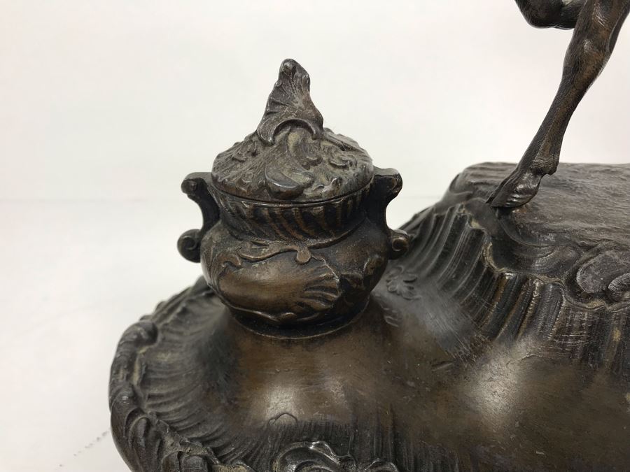 Large Antique French Inkwell Desk Set With Buck Deer Stag Signed A. Bossu [Photo 7]