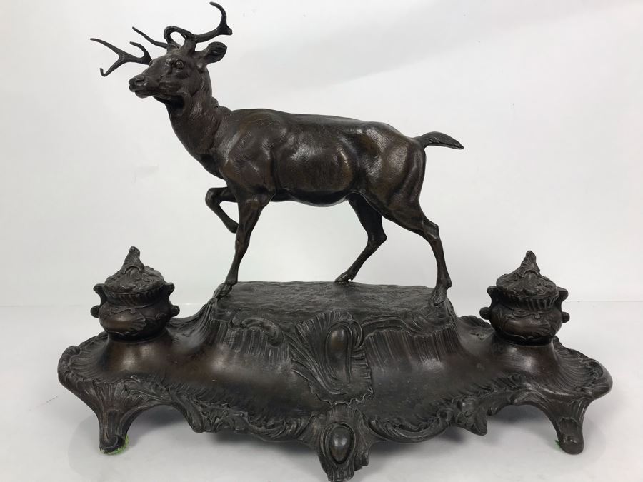 Large Antique French Inkwell Desk Set With Buck Deer Stag Signed A. Bossu [Photo 3]