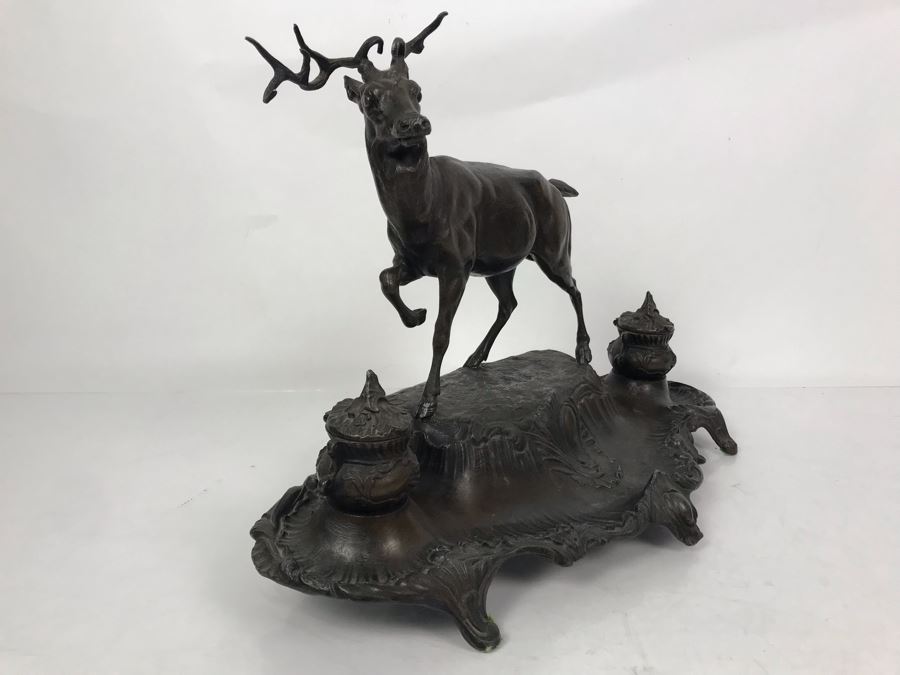 Large Antique French Inkwell Desk Set With Buck Deer Stag Signed A. Bossu [Photo 10]