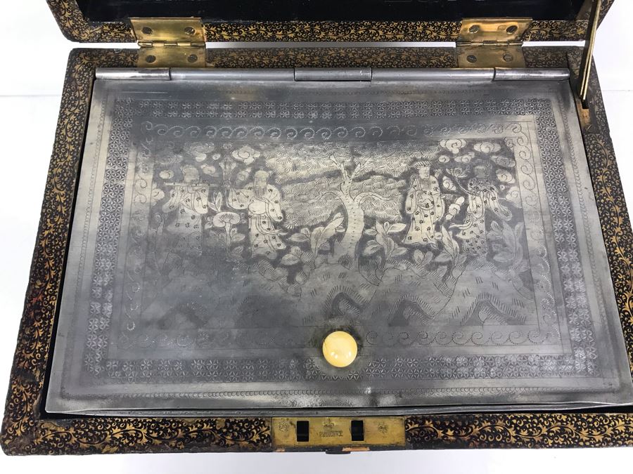 Old Chinese Ornately Decorated Lacquer Safe Box With Chased Metal Box Inside 13W X 9.5D X 7.75H - See Photos For Condition Issues [Photo 2]