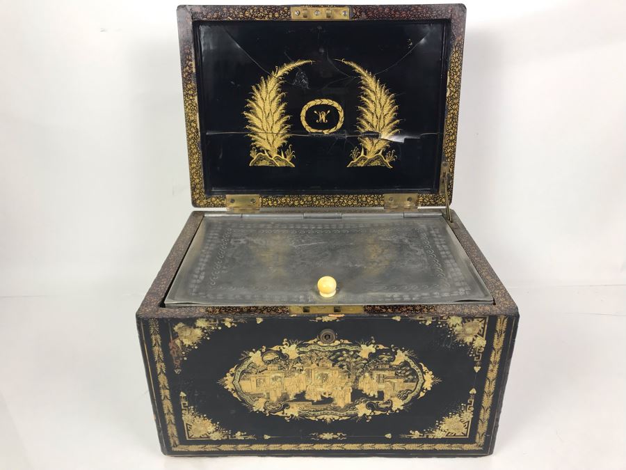 Old Chinese Ornately Decorated Lacquer Safe Box With Chased Metal Box Inside 13W X 9.5D X 7.75H - See Photos For Condition Issues [Photo 5]