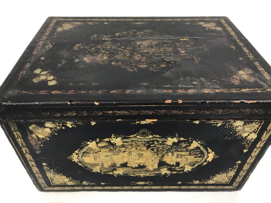 Old Chinese Ornately Decorated Lacquer Safe Box With Chased Metal Box Inside 13W X 9.5D X 7.75H - See Photos For Condition Issues [Photo 8]