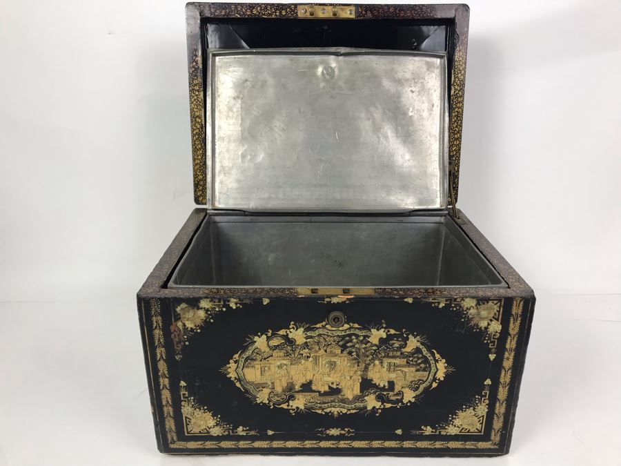 Old Chinese Ornately Decorated Lacquer Safe Box With Chased Metal Box Inside 13W X 9.5D X 7.75H - See Photos For Condition Issues [Photo 4]